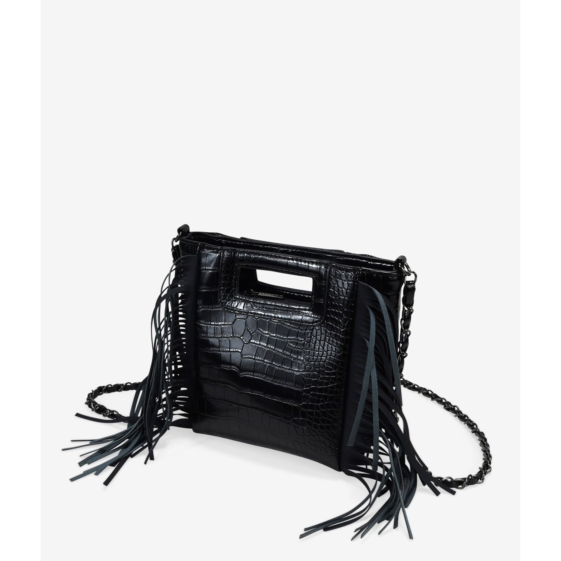 Bolso de mano negro con flecos