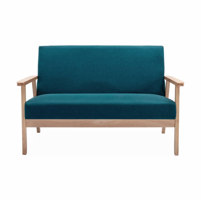 Banquette et fauteuil scandinave en bois et tissu bleu pétrole L 114 x l 69.5 x H 73cm