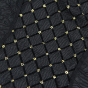 Body negro sexy de malla flocada con cuello halter y sin entrepierna - incluye body, guantes y cinturón