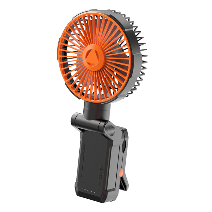 Ventilador A20 con motor sin escobillas, LED con 11 luces, 4 velocidades y 3 niveles de luz. Oscilación de 90º y ángulo ajustable de 180º con pinza de sujeción y 5200mAh.
