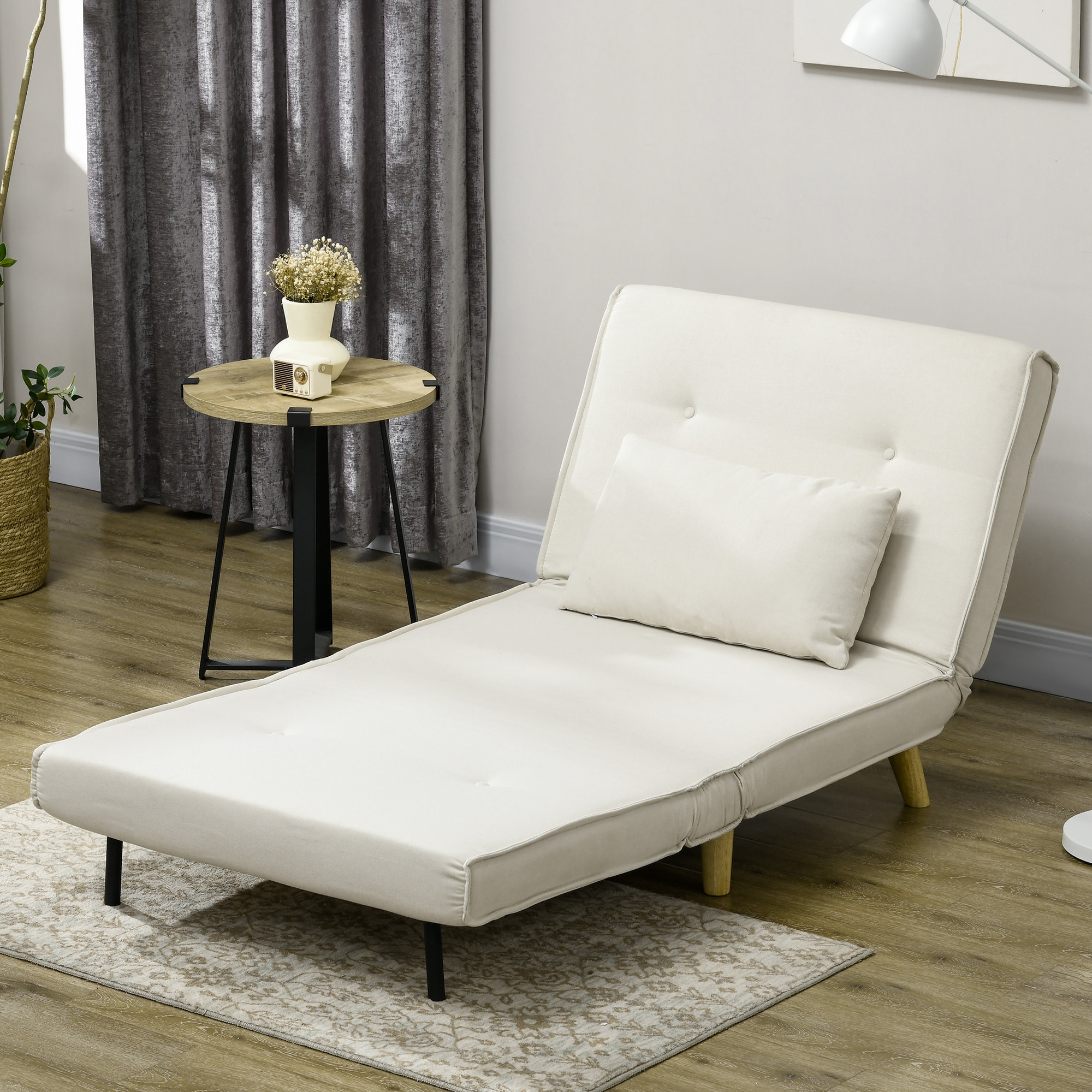 Sofá Cama Individual 2 en 1 Sillón Cama Plegable Sillón Individual con Respaldo Ajustable y Cojín para Sala Dormitorio Oficina en Casa Carga 125 kg 90x78x79 cm Beige