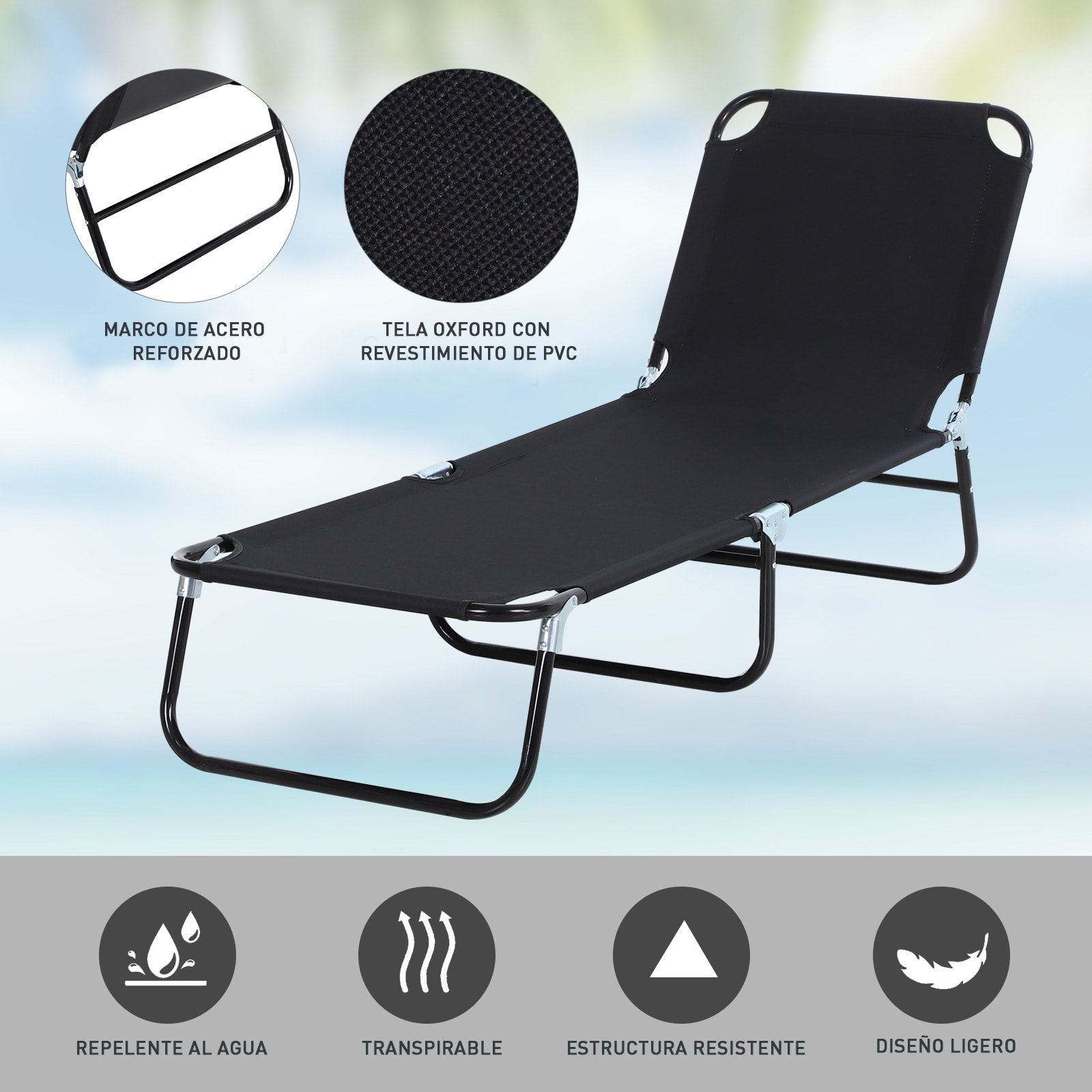 Tumbona Plegable Reclinable con Ángulo Ajustable de 5 Posiciones para Jardín Exterior Piscina Terraza Camping Carga 120 kg 188x56x28 cm Negro