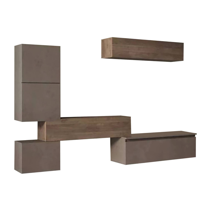 Parete attrezzata Nana, Composizione soggiorno, Mobile salotto multiuso, Armadio porta TV, Made in Italy, 290x40 h190 cm, Bronzo e Noce