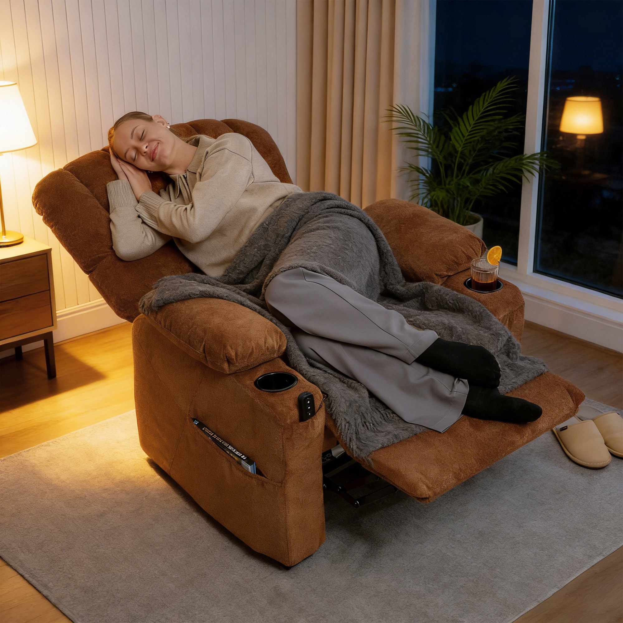 Sillón Relax Reclinable Eléctrico, Sillón Reclinable Silencioso de Terciopelo con Función Memoria, Reposapiés, Mando a Distancia, Bolsillos, Puerto USB, Portavasos, Respaldo Concha