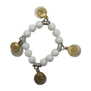 Pulsera elástica cristal facetado blanco y monedas mix tipo antigua plata/oro