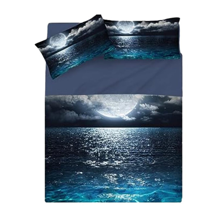 INTRECCI Set Lenzuola Matrimoniali in Cotone, Stampa Alta Qualità, Lenzuolo Sotto + Lenzuolo Sopra + 2 Federe, Comfort, Morbidezza, per Pelli Sensibili, non Stringe in Lavatrice. Fantasia: Sea Moon