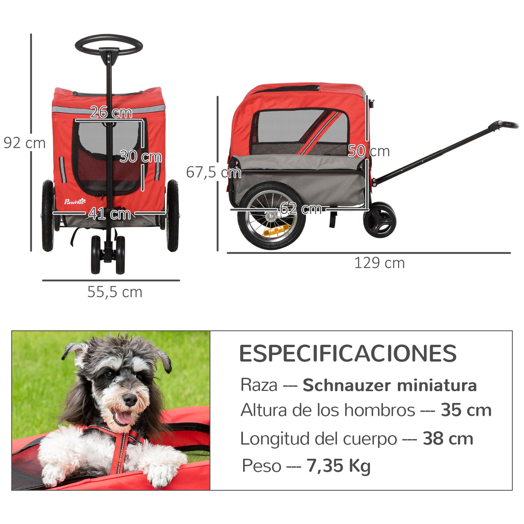 Remolque de Bicicleta para Perros 2 en 1 Carrito para Perros de Acero con Cinturón de Seguridad Mango de Empuje Extraíble Bandera y Reflectores 129x55,5x92 cm Rojo