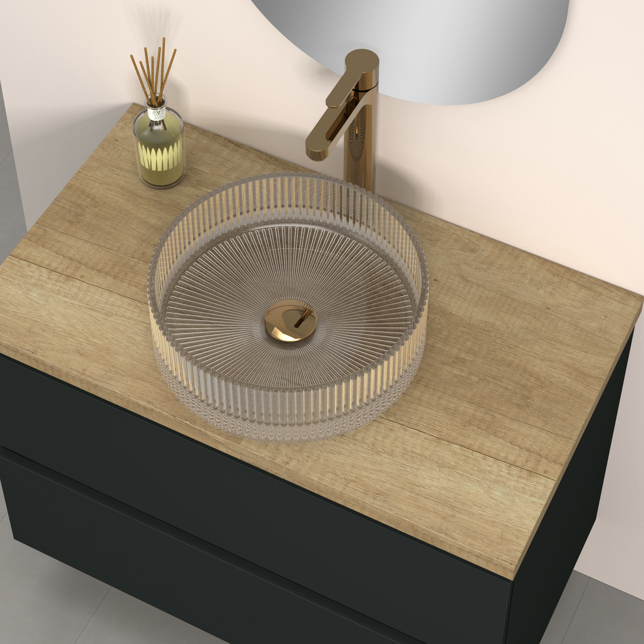 Ensemble de Salle de Bains Kub | 80 cm Noir | Deux Tiroirs | Évier en Verre | Miroir non inclus | Meubles Assemblés | Alday