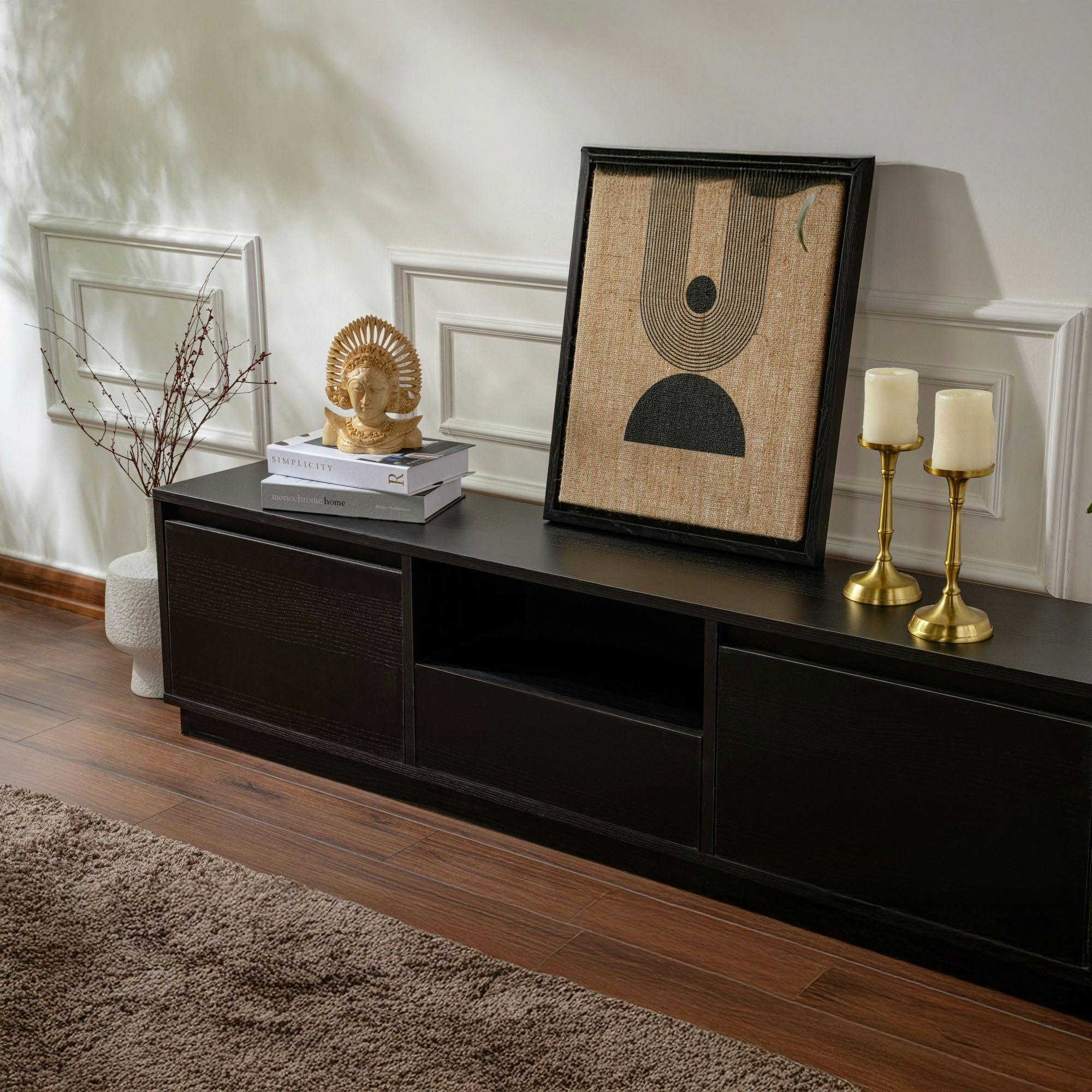 Meuble TV noir avec rangement - effet bois MARFA