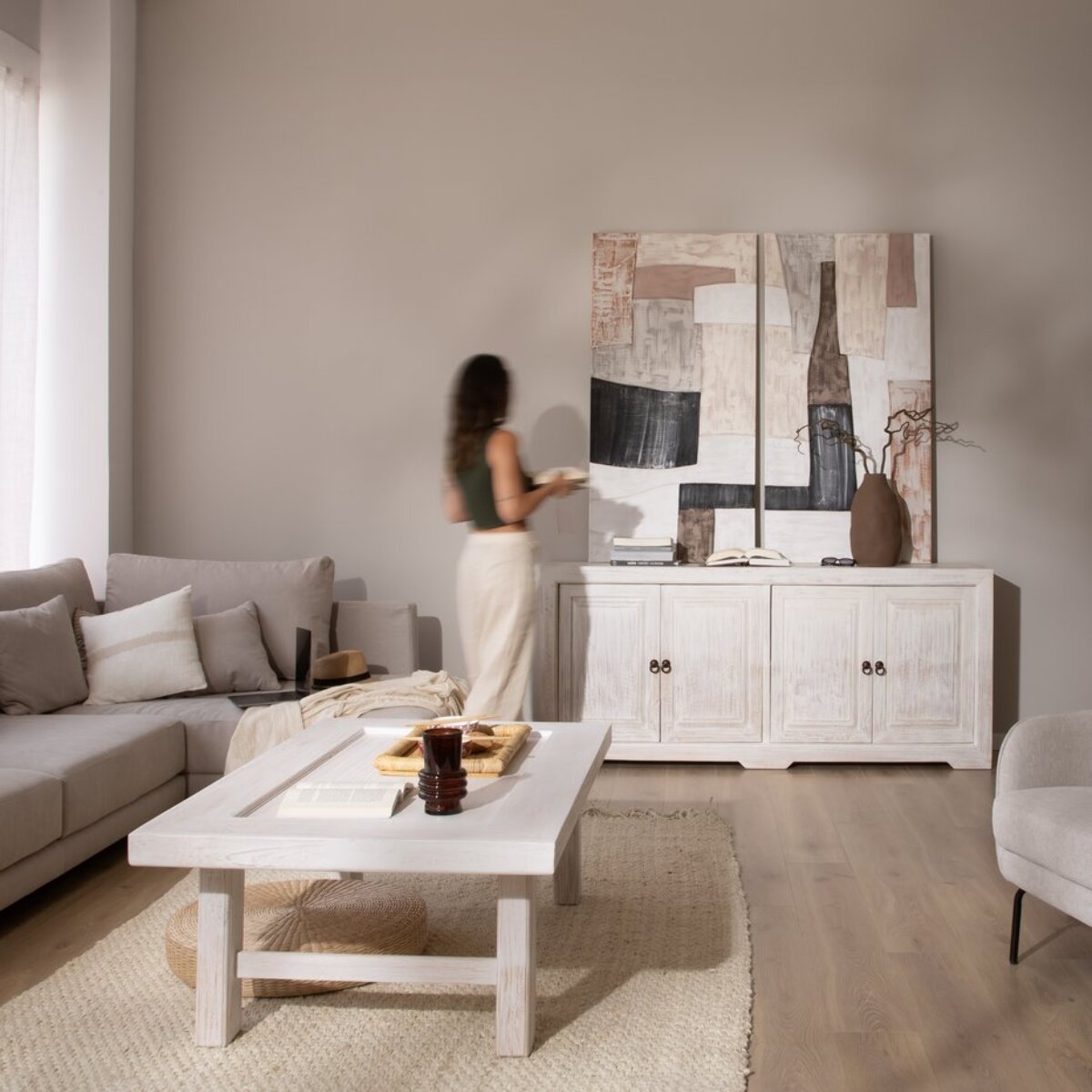 Table basse Oblak -bois massif d'araucaria-couleur blanc shabby 130 x 45 x 80 cm