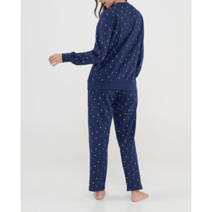 Pijama mujer estampado estrellas, cuello abierto con botones, con bolsillo, manga larga con puños y pantalón largo