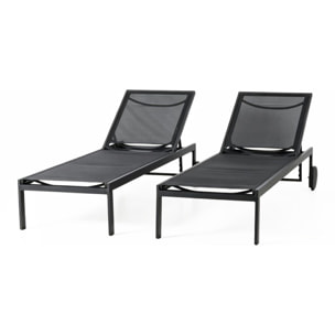 Lot de 2 bains de soleil inclinables noir avec roues en aluminium CARA