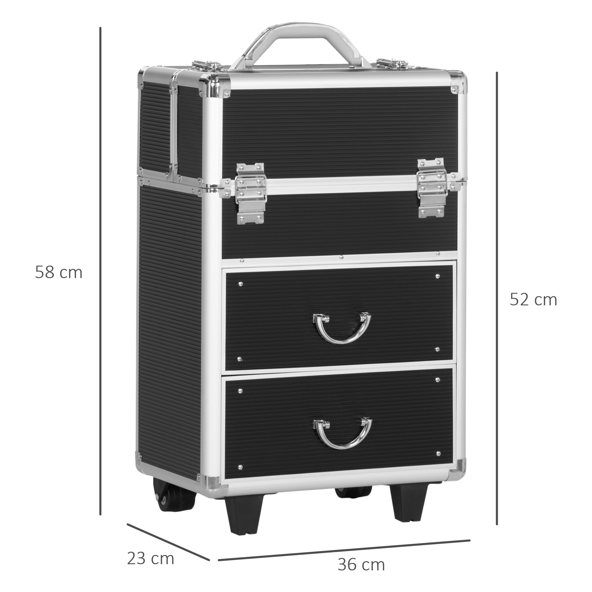 HOMCOM Maleta de Maquillaje Profesional Estuche para Cosméticos con Ruedas Trolley Maquillaje con 6 Cajones Extensibles Cerradura 2 Llaves y Asa Retráctil 36x23x58 cm Negro