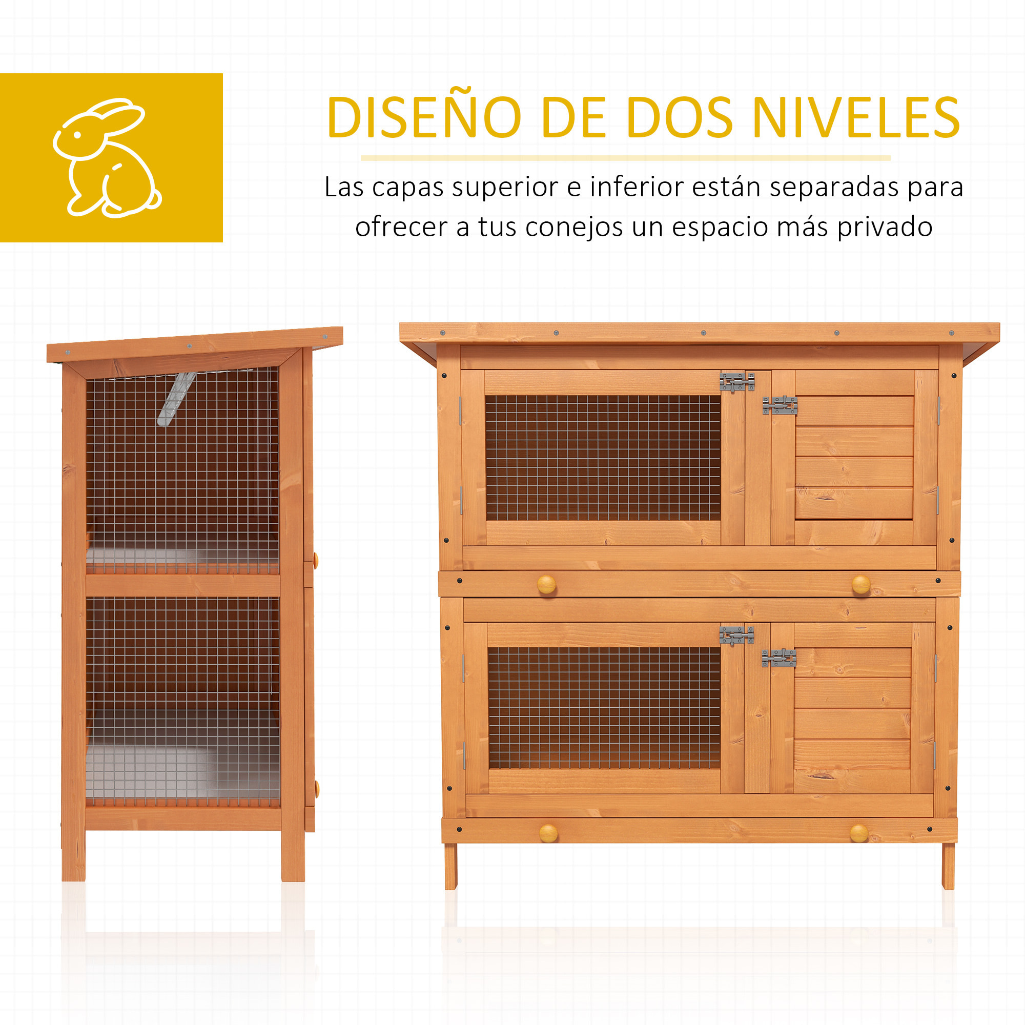 Conejera de Madera Exterior de 2 Niveles 90x45x90 cm para 1-2 Mascotas Pequeñas con Techo Asfáltico Abrible y 2 Bandejas