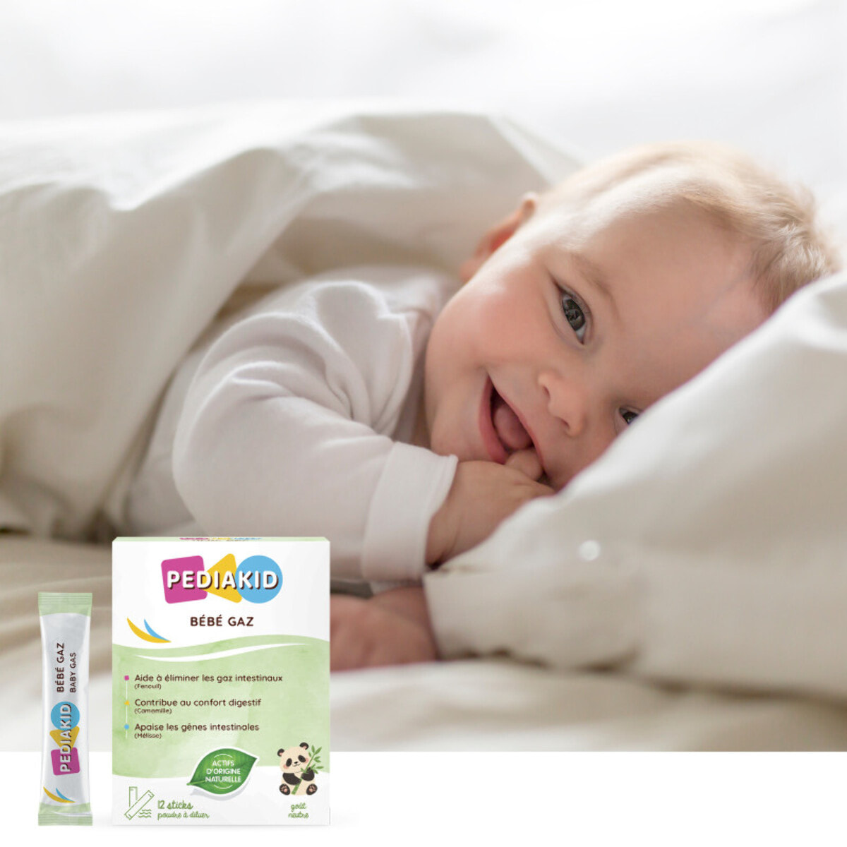 PEDIAKID - Bébé Gaz - Aux extraits de plantes & fibres - Aide à réduire les gaz et à améliorer le confort digestif - Dès la naissance - Format sticks de poudre à diluer facile à utiliser - Lot de 2