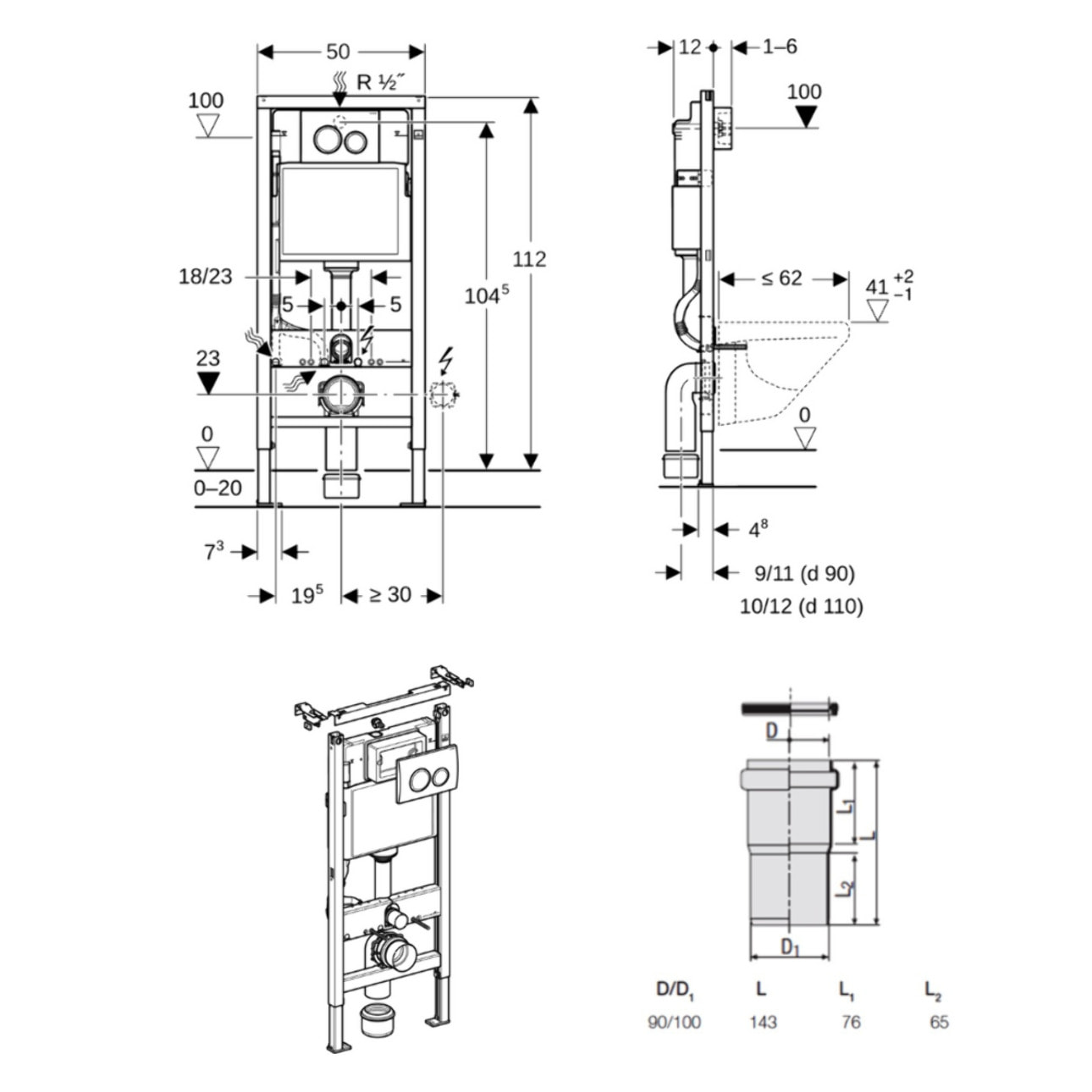 Duofix Pack WC bâti-support 112 cm + WC suspendu sans bride Ceramia avec abattant SoftClose + plaque chrome (GEBCEPXWT03-FR)