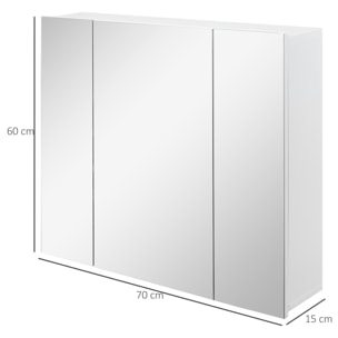 Armoire miroir de salle de bain armoire murale 3 portes 2 étagères dim. 70L x 15l x 60H cm MDF blanc