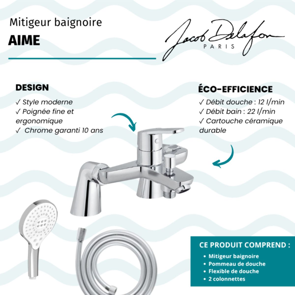 Mitigeur baignoire Aimé + pommeau de douche Metro signature + flexible de douche lisse + colonnettes