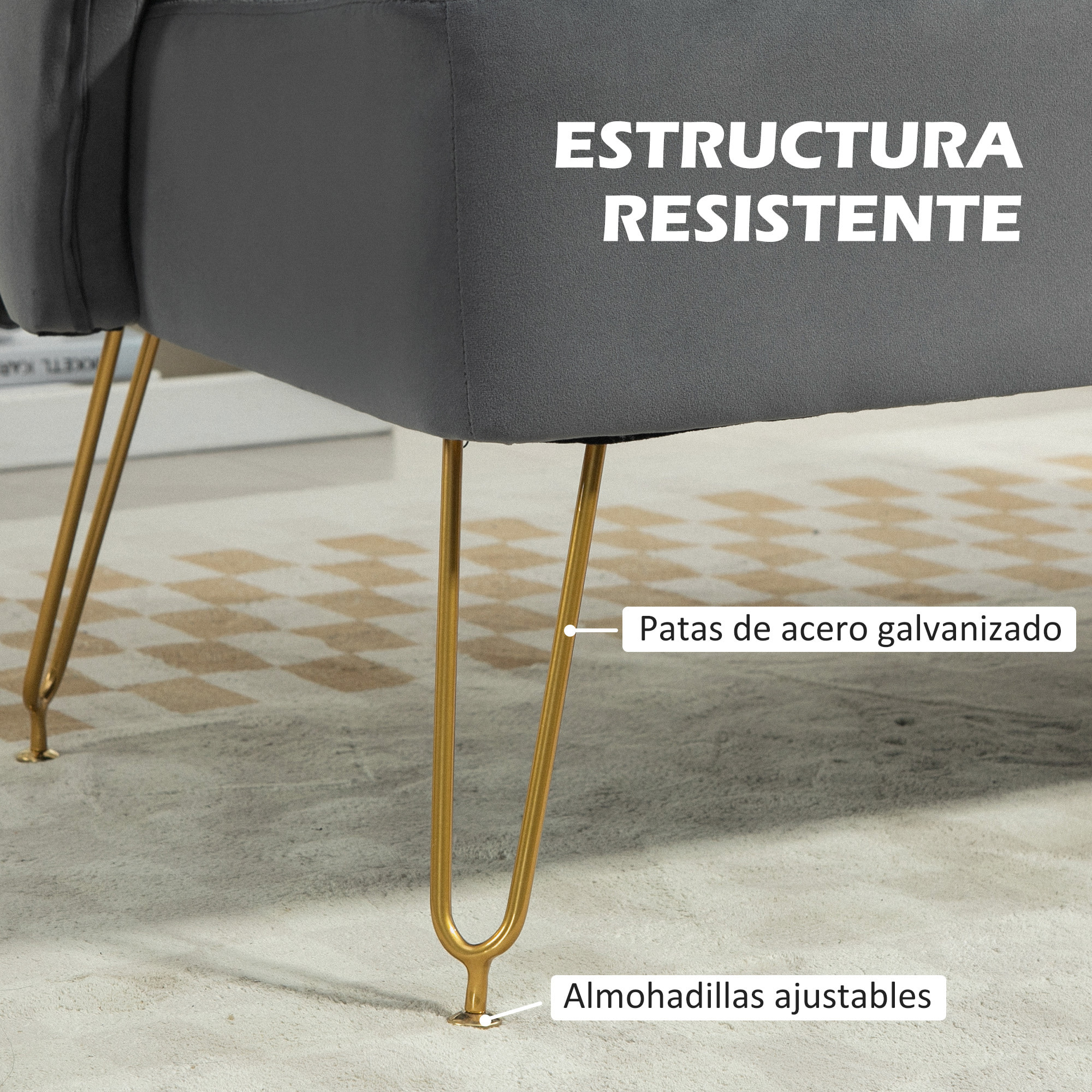 Sofá de 2 Plazas Tapizado en Terciopelo Sofá de Salón con 2 Almohadas Reposabrazos y Patas de Acero Doradas Sofá Pequeño Carga 240 kg para Dormitorio Oficina 124x69x76 cm Gris