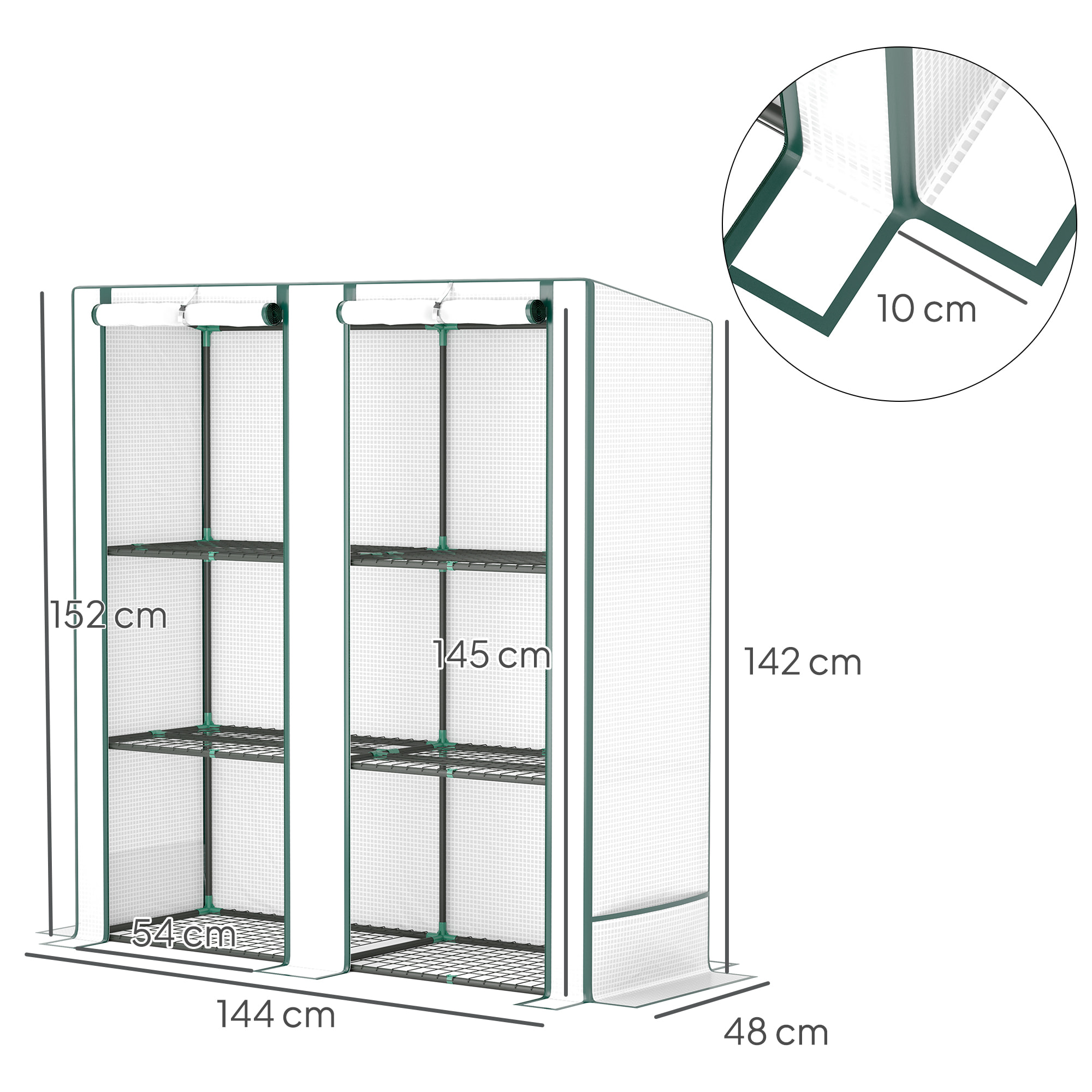 Serre de jardin balcon avec étagères métalliques 3 niveaux 2 portes acier noir PE blanc