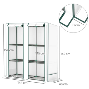 Serre de jardin balcon avec étagères métalliques 3 niveaux 2 portes acier noir PE blanc