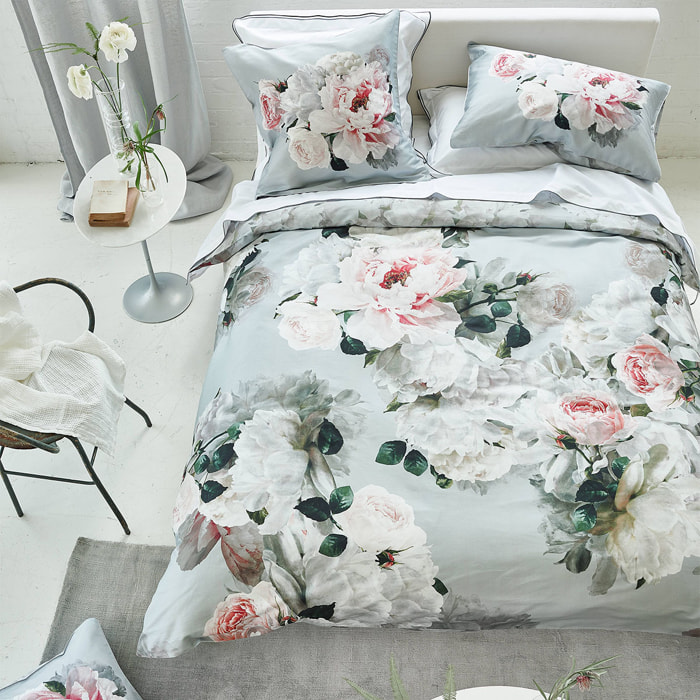 Housse de couette imprimée en satin de coton, PEONIA GRANDE, Gris