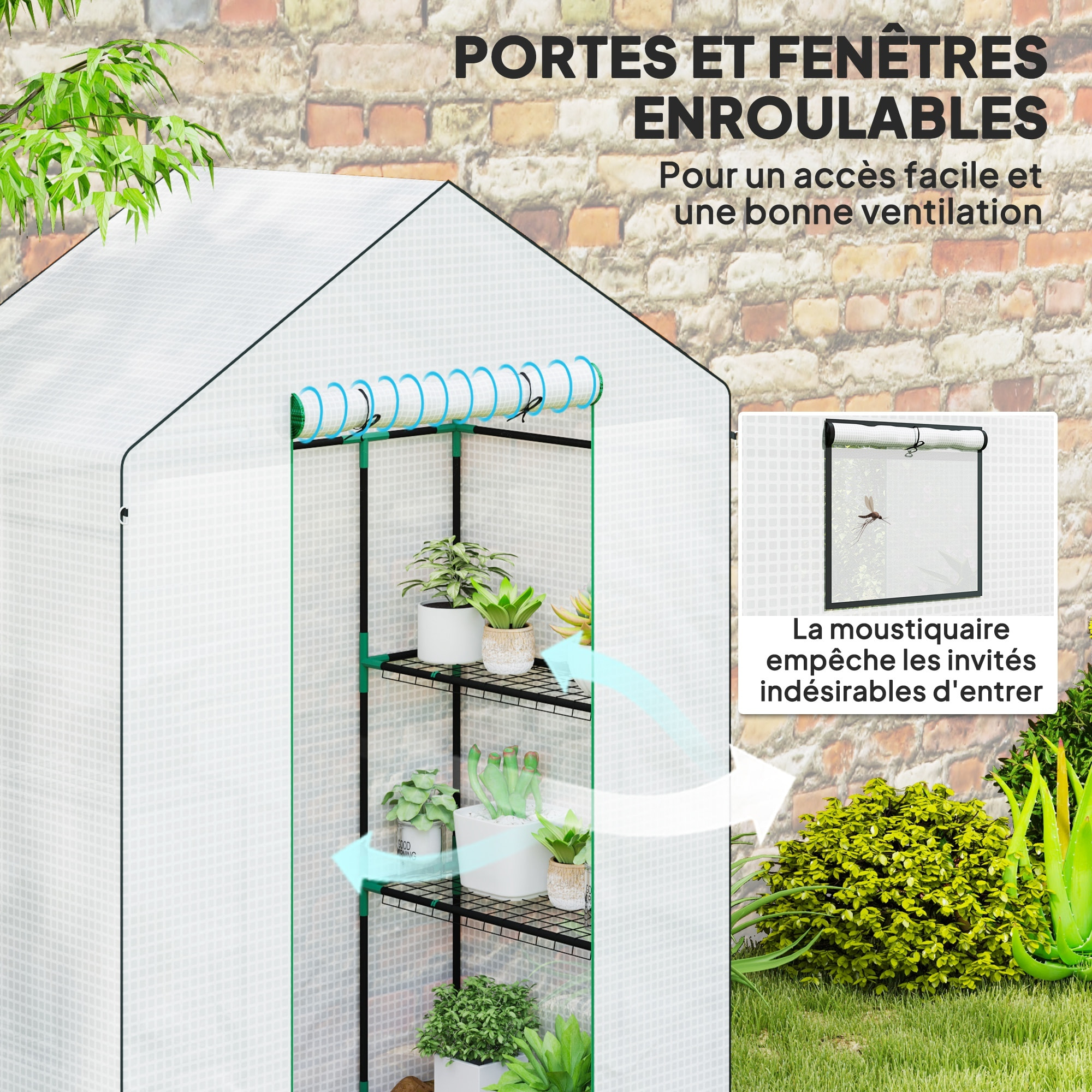 Serre de jardin 4 tablettes dim. 1,43L x 0,74l x 1,9H m porte déroulante fenêtre acier PE haute densité blanc