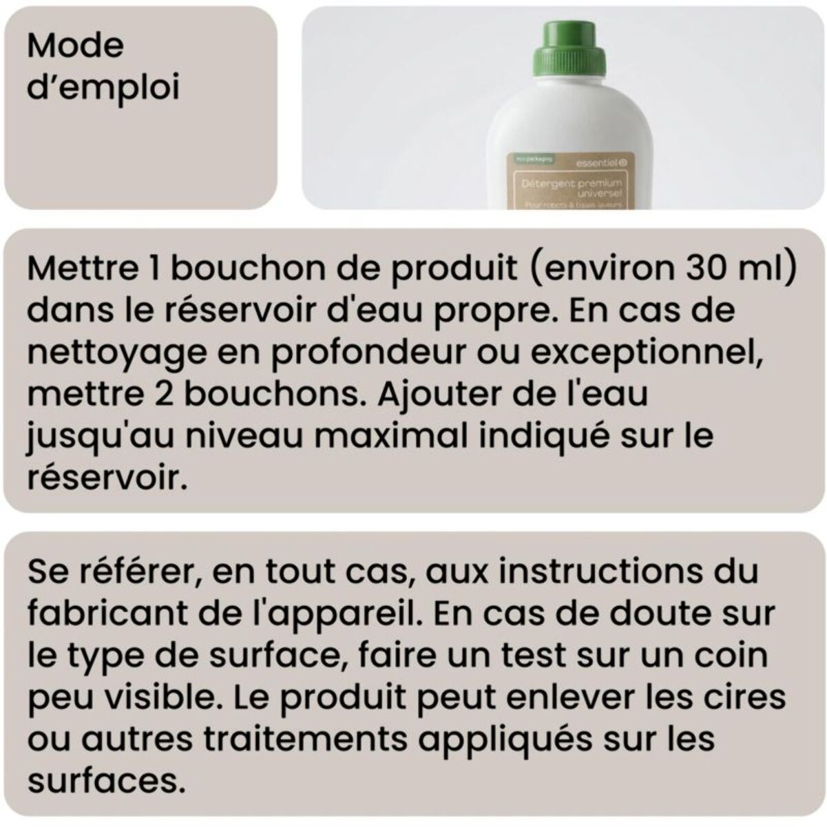 Détergent ESSENTIELB Liquide Nettoyant Sol Universel 1L pour Aspirateur Robot Laveur et Balai Laveur, Anti-Traces