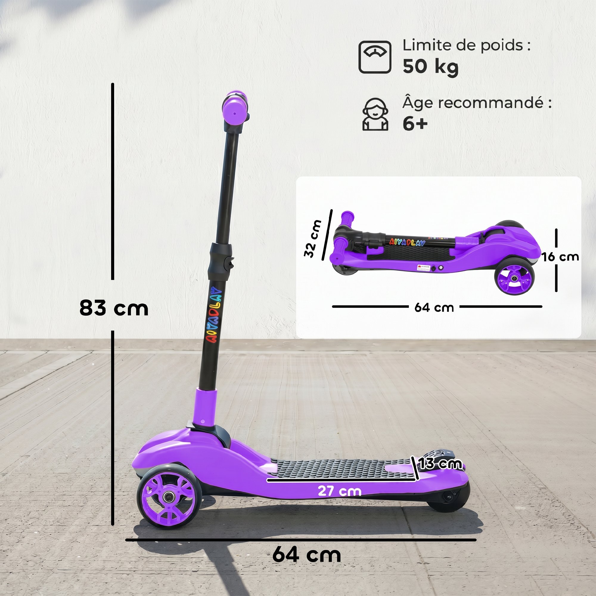 Trottinette électrique enfant pliable 3 roues 8 Km/h max LED violet