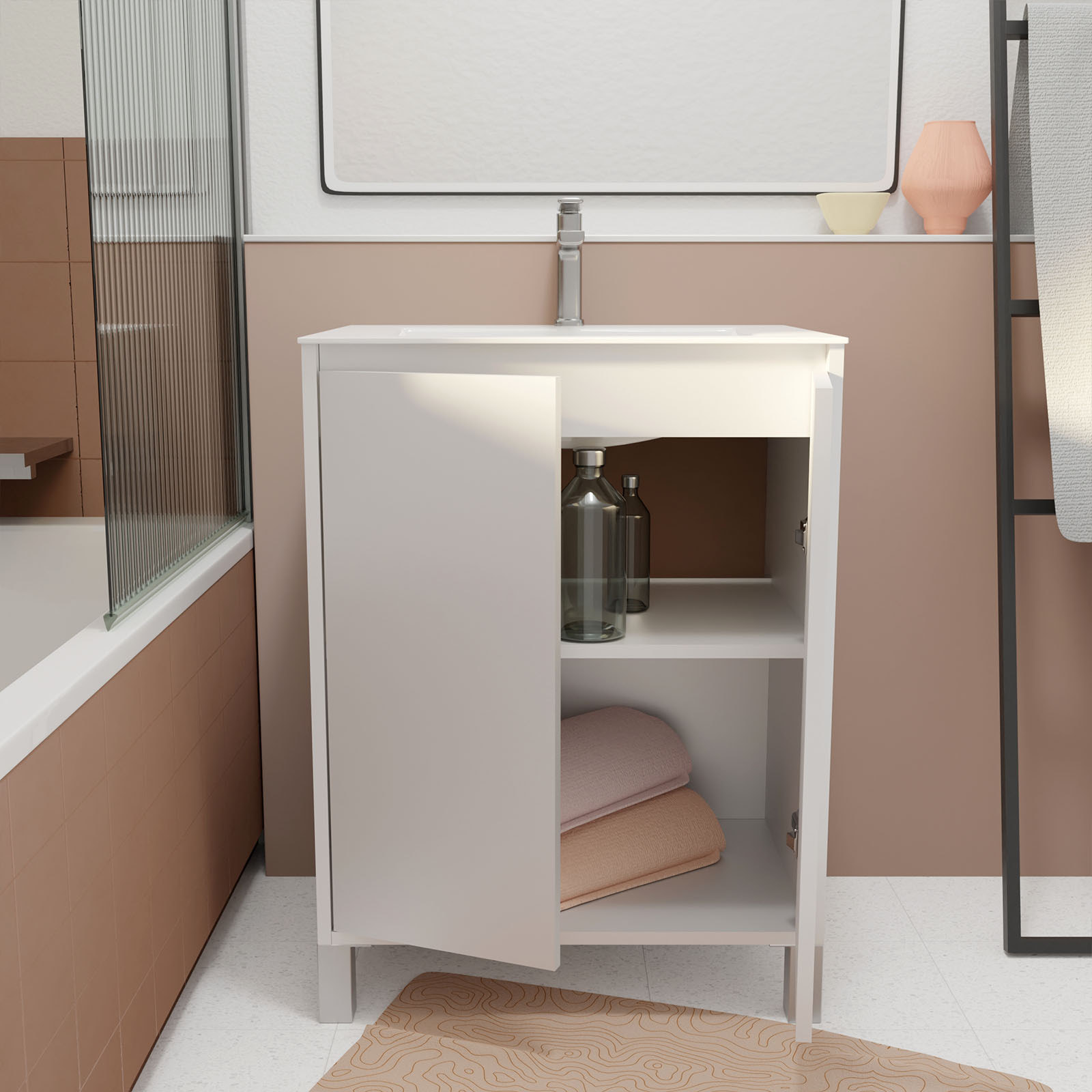 Pack Meuble Salle de Bains 60cm Laqué Blanc 2 portes avec Vasque Céramique Blanche - XENOS