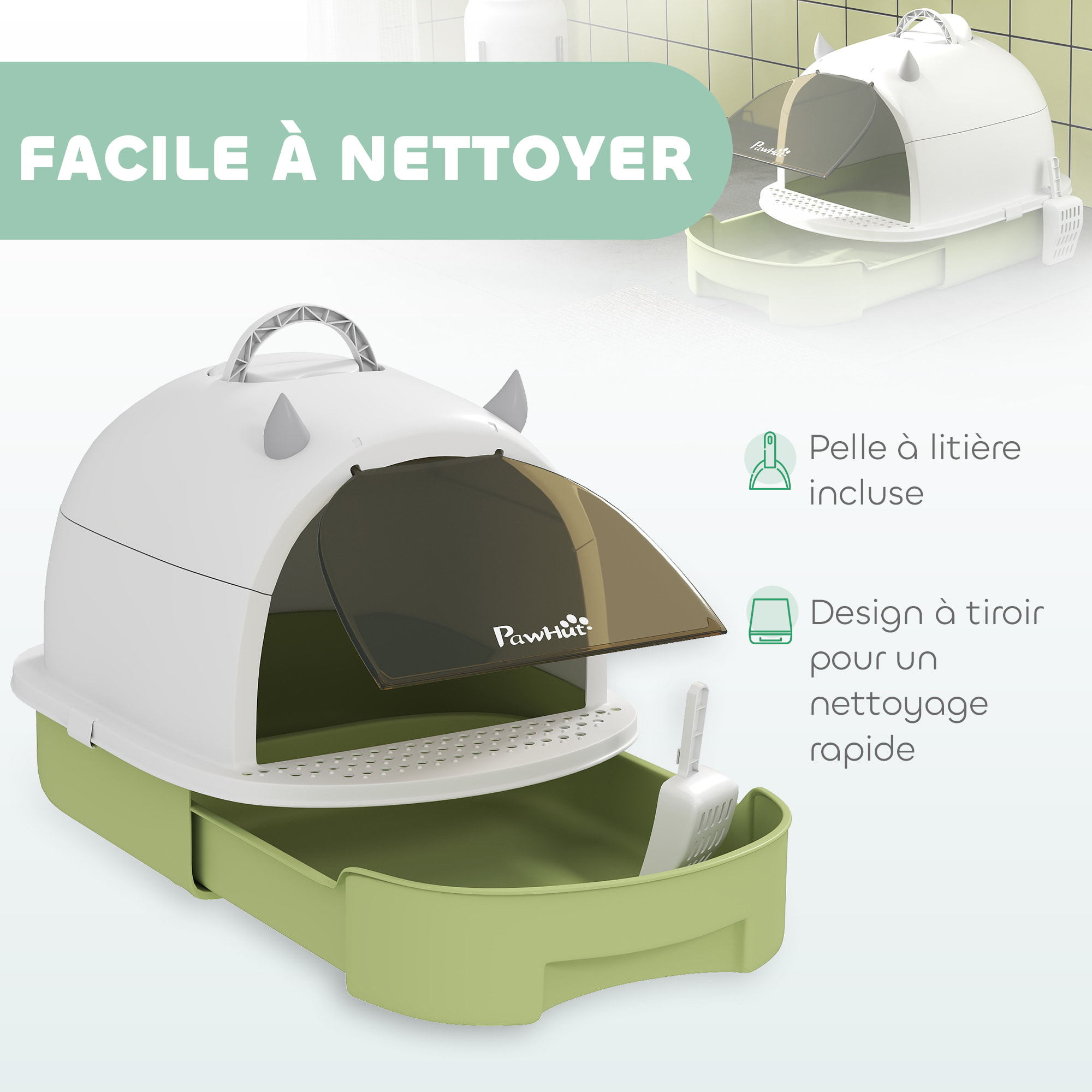Maison de toilette chat design - porte fumée, pelle, 2 sacs désodorisation, tiroir litière coulissant, poignée - blanc vert