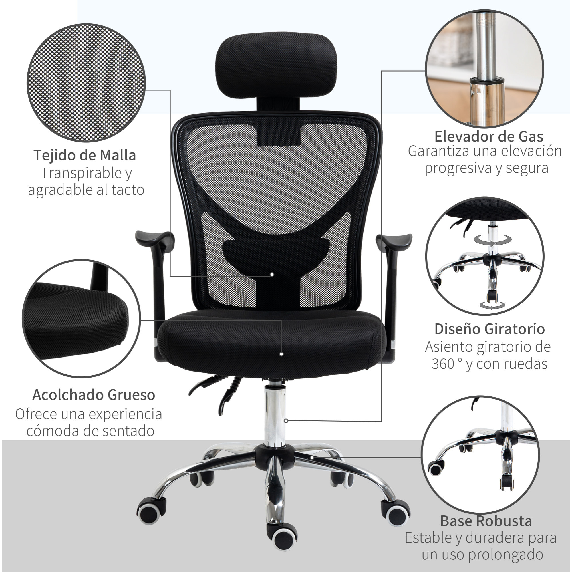 Vinsetto Silla de Oficina Ergonómica Silla Escritorio Giratoria con Altura Ajustable Función Reclinable Reposacabezas Regulable y Soporte Lumbar 65x67x108-118 cm Negro