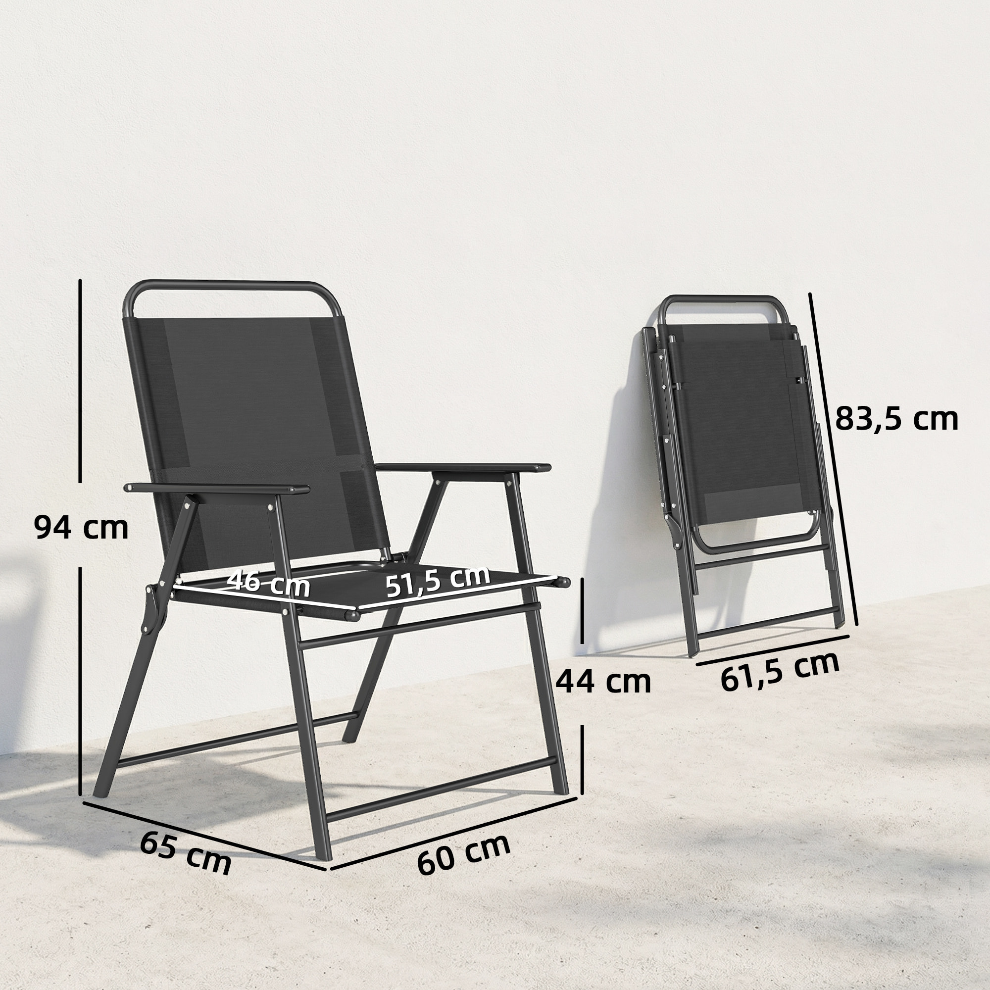 Pack de 4 Sillas de Camping Plegables, Sillas de Jardín Exterior con Respaldo Alto, Asiento Ancho y Reposabrazos, Tela Textilene Transpirable y Marco de Acero para Terraza, 65x60x94 cm, Negro