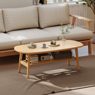 Mesa de Centro de 2 Niveles, Mesa baja para Salón Moderno con Estante Abierto Inferior y Patas de Madera de Caucho, para Sala de Estar, Dormitorio, 120x60x42cm, Natural