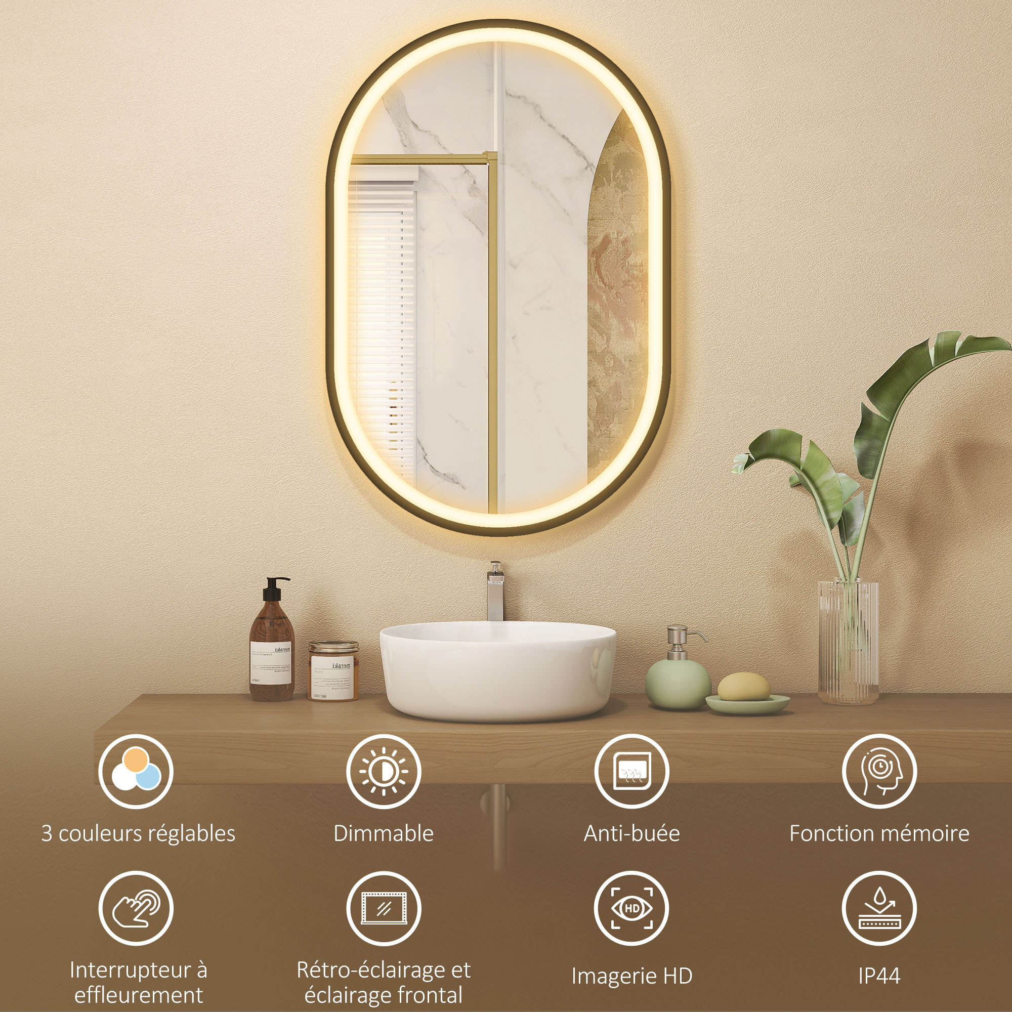 Miroir salle de bain LED design ovale 50 x 70 cm anti-buée dimmable tactile réglable verre trempé alu noir