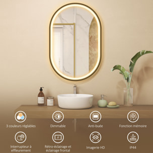 Miroir salle de bain LED design ovale 50 x 70 cm anti-buée dimmable tactile réglable verre trempé alu noir