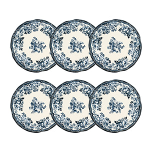 Lot de 6 assiettes plates fleuries en grès bleu 26cm FAUSTINE