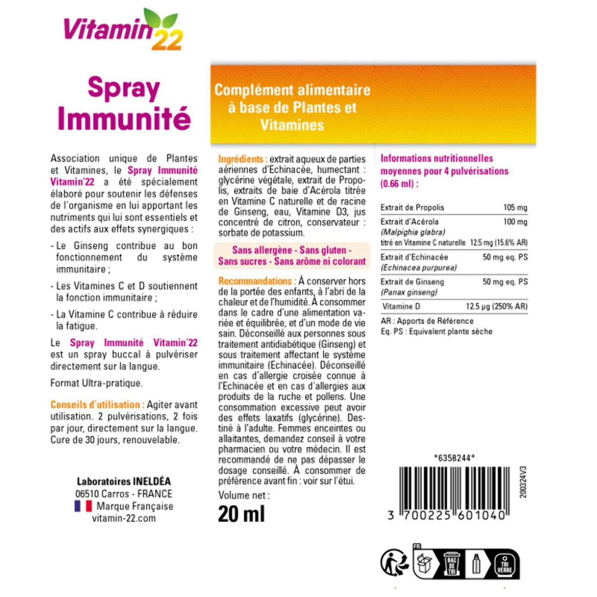 VITAMIN'22 - Spray Immunité - Complément alimentaire à base de Propolis, Ginseng, Échinacée, Vitamines C & D - Soutien de l'immunité - Cure 30 jours