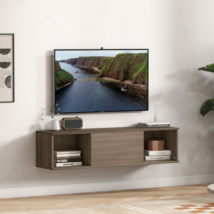 Meuble TV flottant suspendu - 2 niches, porte battante - effet bois noisetier brun gris