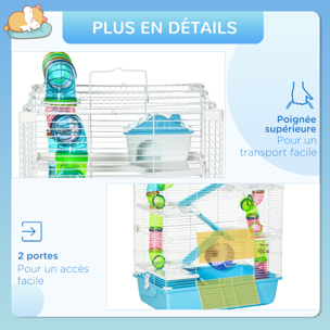 Grande cage à hamsters 5 niveaux - tunnels, abreuvoir, roue, maisonnette, échelles - dim. 59L x 36l x 69H cm - métal PP bleu blanc