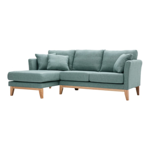 Canapé d'angle gauche déhoussable scandinave en tissu vert de gris et bois clair 3-4 places OSLO