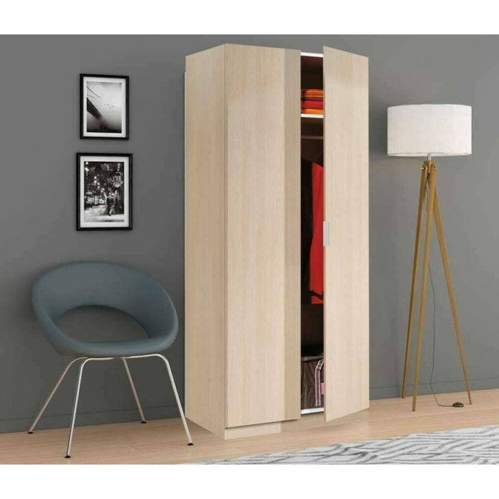 Guardaroba 2 ante Avik, Armadio per camera da letto, Mobile per camera da letto con 1 ripiano e barra appendiabiti, 82x52h180 cm, Rovere