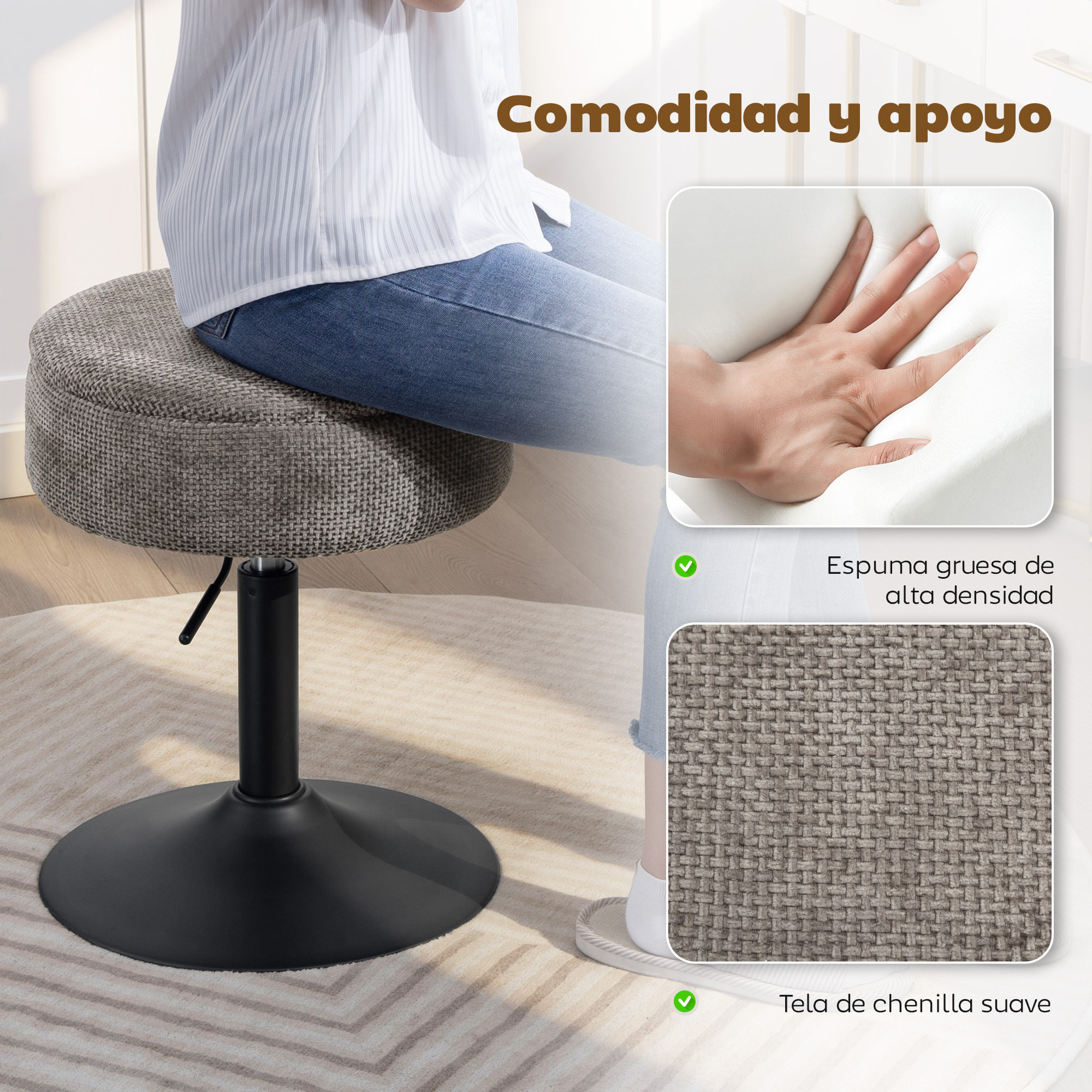 Taburete de Bar con Almacenaje, Altura Ajustable, Taburete de Cocina Redondo, Giratorio, Tapizado en Chenilla, Base de Acero, Diseño Botones, Acolchado, para Salón, Comedor, Oficina, Gris