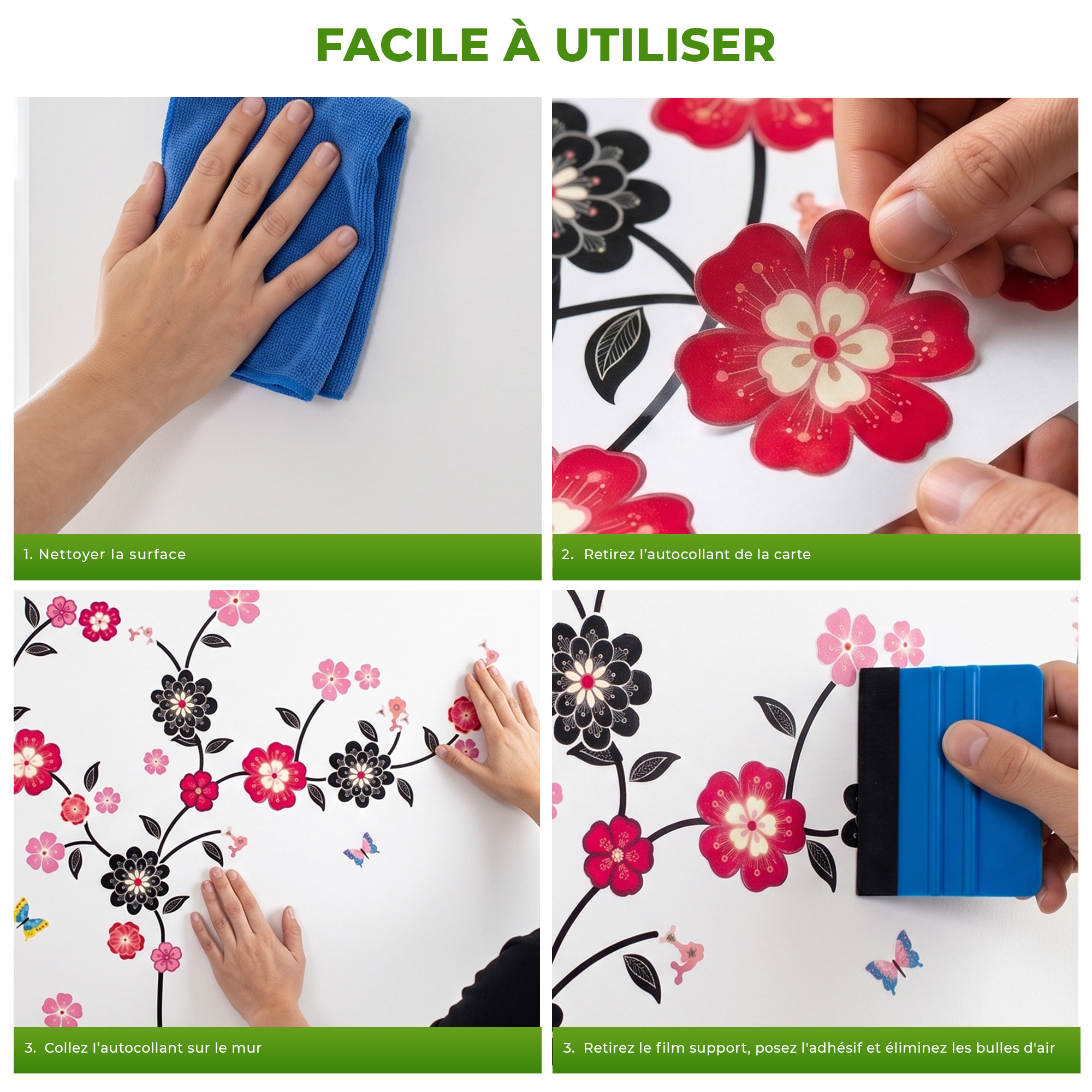 Stickers Muraux décoration adhésifs arbre en fleur, chat et papillons