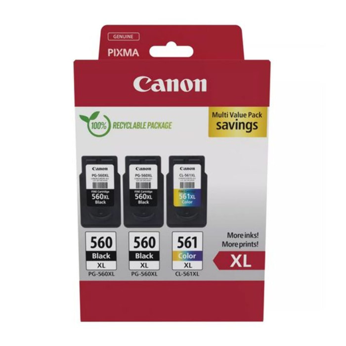 Cartouche d'encre CANON Pack de 3 Originales XL (2x PG-560 Noir + 1x CL-561 Couleur) - 3712C005