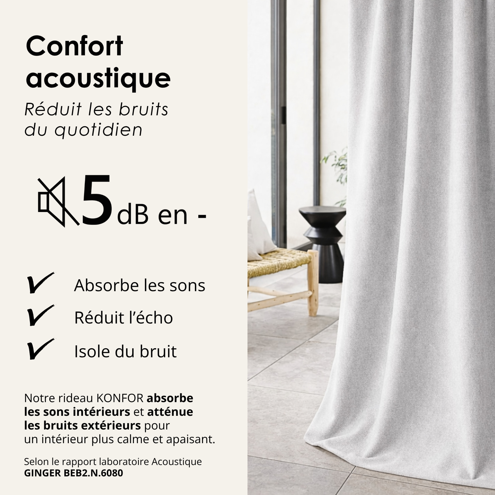 Rideau thermique phonique et semi occultant à galons fronceurs KONFOR - Gris Perle