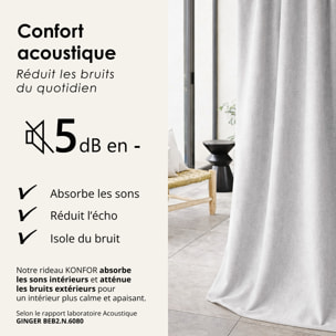Rideau thermique phonique et semi occultant à galons fronceurs KONFOR - Gris Perle