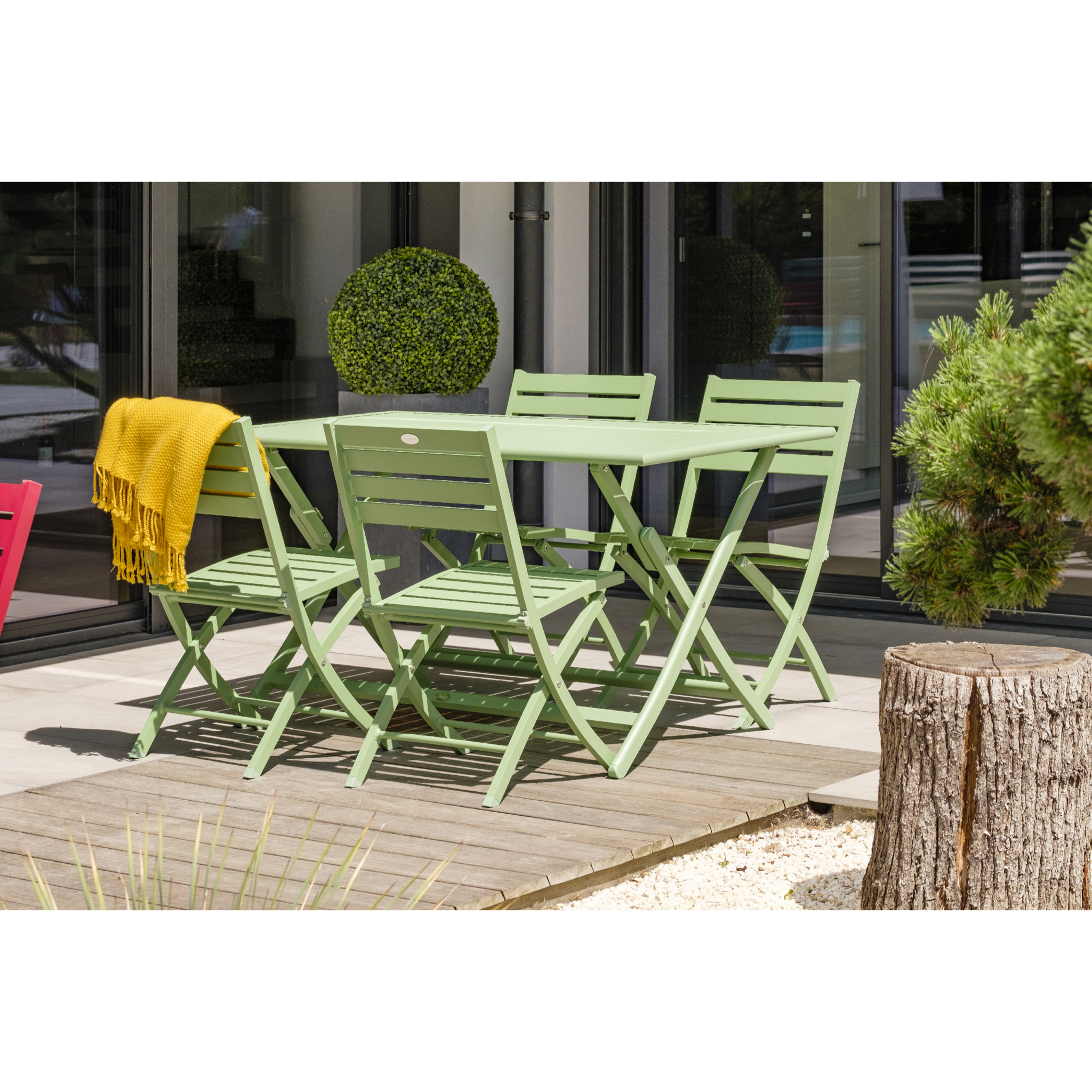 MARIUS - Ensemble repas de jardin 4 places en aluminium vert lagune