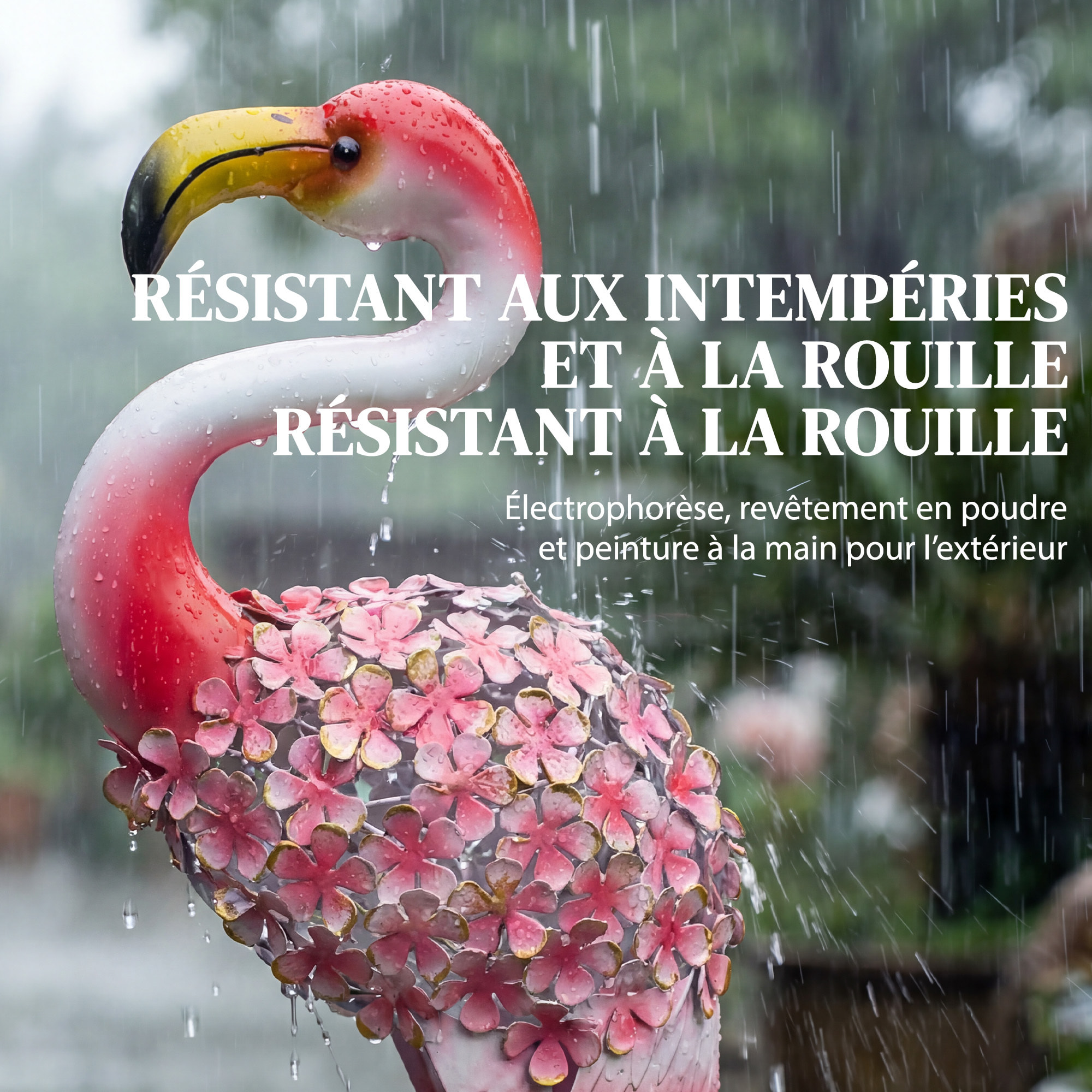 Statue de jardin flamant rose métal plumes florales