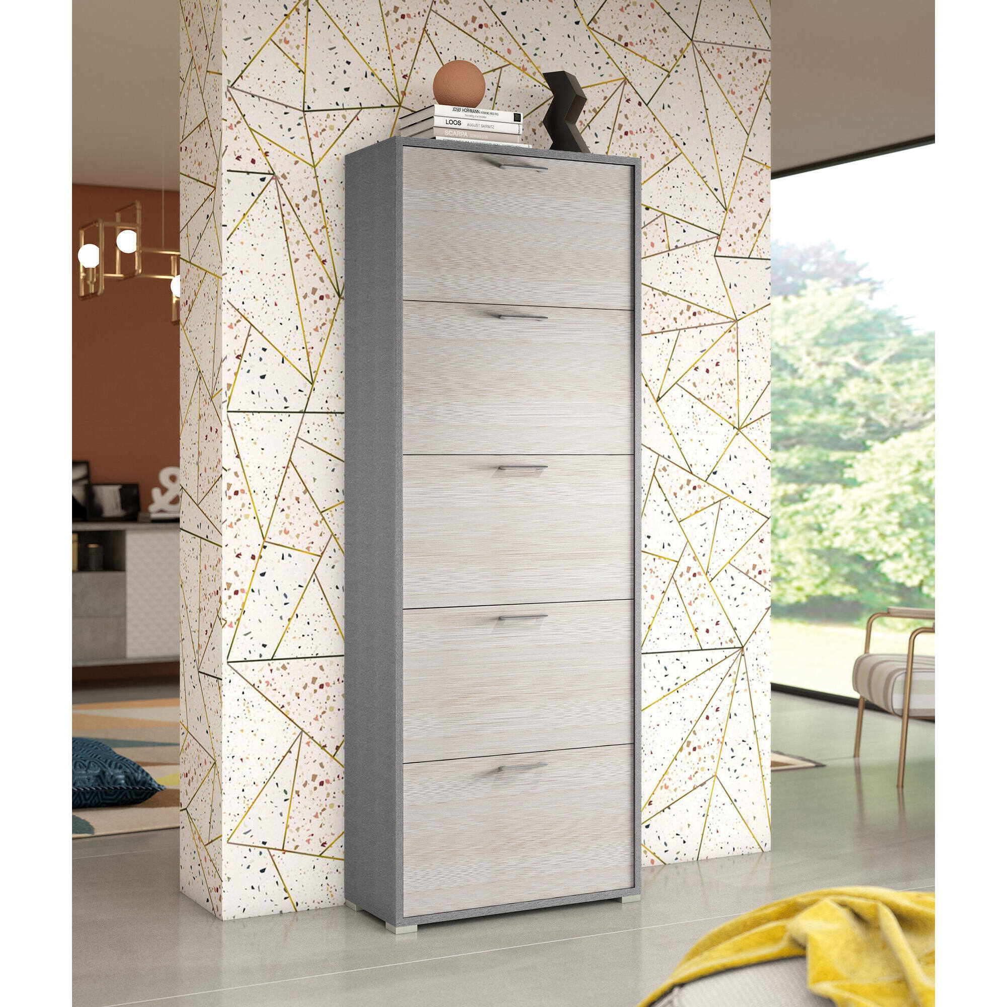 Scarpiera Surfinia, Mobile multiuso da ingresso con 5 ante a ribalta, Armadietto portascarpe a doppia profondità, 100% Made in Italy, Cm 67x28h183, Larice